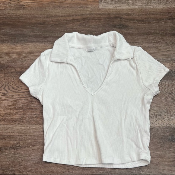 Garage Tops - Garage Kate Cropped Polo Tee White Ribbed Collared Crop Top Size Small